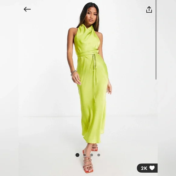 SOLD - ASOS DESIGN cowl neck halter midi with tie wrap waist in lime - Picture 2 of 2